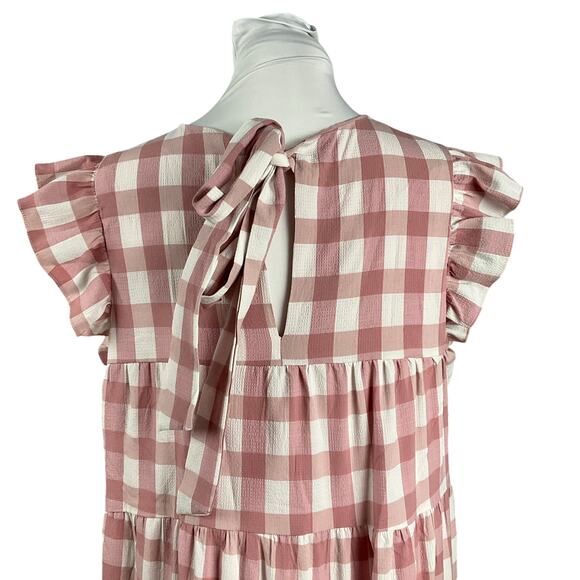 ENGLISH FACTORY Tiered Maxi Dress Cottage Baby Doll Gingham Pink Large Prairie - Picture 11 of 16